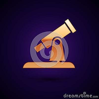 Gold Telescope icon isolated on black background. Scientific tool. Education and astronomy element, spyglass and study Vector Illustration