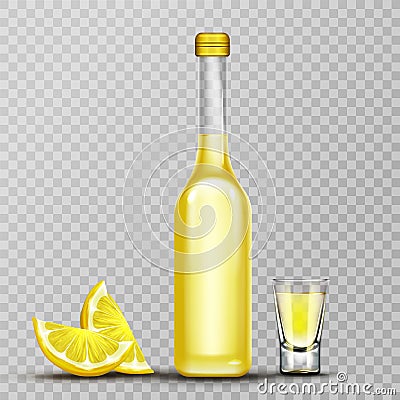 Gold tequila bottle and shot glass mock up drink Vector Illustration