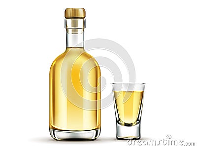 Gold tequila bottle and shot glass mock up drink Vector Illustration