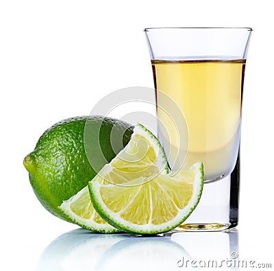 Gold tequila shot with lime isolated on white Stock Photo
