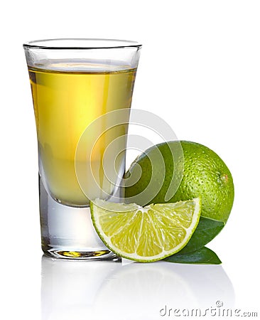 Gold tequila shot with lime isolated on white Stock Photo