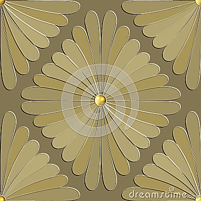 Gold textured 3d flowers seamless pattern. Embossed floral jewelry background. Abstract relief chamomile flowers ornaments. Vector Illustration