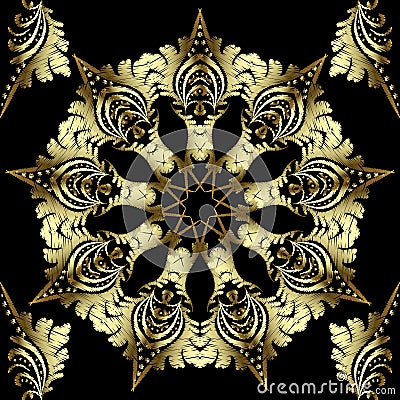 Gold textured embroidery floral mandala seamless pattern. Ornamental beautiful arabesque background. Decorative repeat patterned Vector Illustration