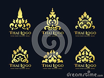 Gold thai art traditional lotus flower logo vector set design Vector Illustration