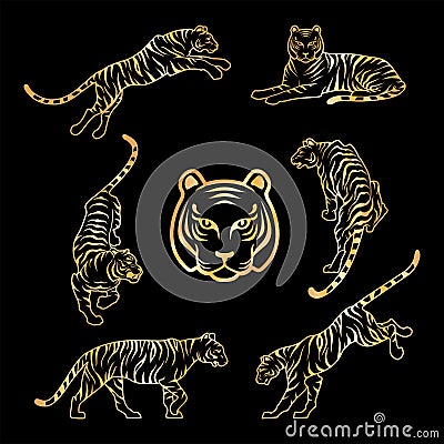 Gold Tiger on black background Happy new year china 2022 design vector illustration golden Tigers logotype symbol Vector Illustration