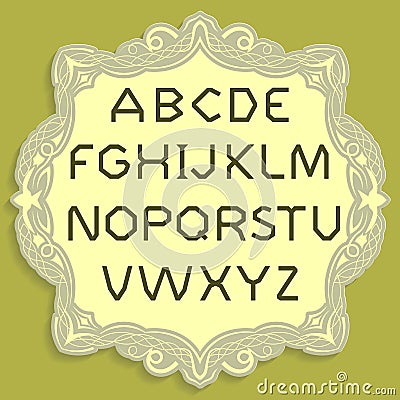 Gold titular letters. Vector simple alphabet. Gold font placed on a yellow vintage card. Vector Illustration