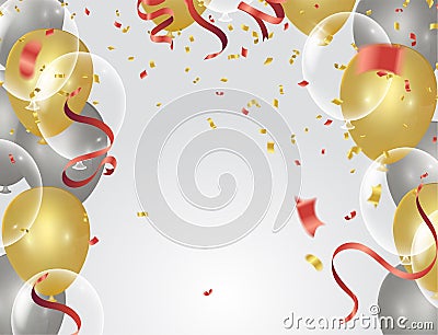 Gold transparent balloon on background balloons, vector illustration. Confetti and ribbons, Celebration background template with Vector Illustration