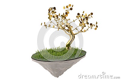 A gold tree on the air island.3D illustration. Cartoon Illustration