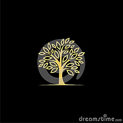 Gold tree plant logo, Gold Tree icon on dark background Vector Illustration