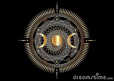 Gold Triple moon mystic icon Sacred Geometry Wicca sign, radial rays symbol, concept of moonlight, logo Mandala Goddess tattoo Vector Illustration