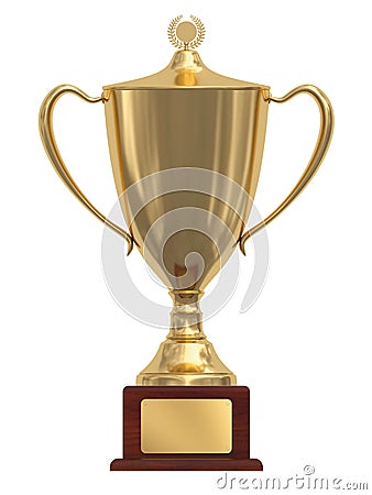 Gold trophy cup on wood pedestal Stock Photo