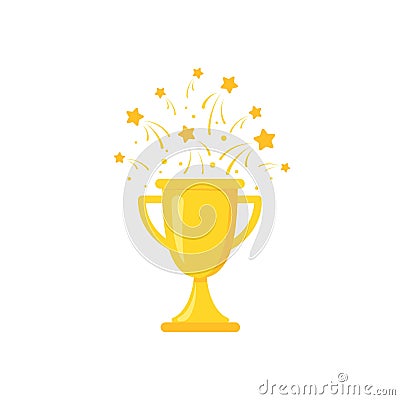 Gold trophy, winning cup with firework stars isolated on white background. First place, award bowl Cartoon Illustration