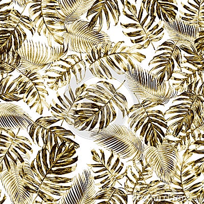 Gold tropical leaves seamless pattern of native Monstera philodendron or Golden Pothos and palm leaves with gold effect, elegant Stock Photo