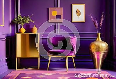 Gold vase on violet cabinet next to a chair in purple Stock Photo