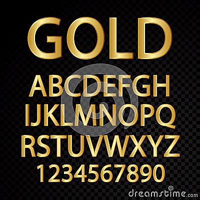 Gold vector alphabetical letters and numbers isolated on black background Vector Illustration