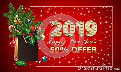 Gold Vector text Happy New Year, 3d golden digits 2019, advertising sale offer. 3d xmas Shopping bag, spruce fir branche Stock Photo