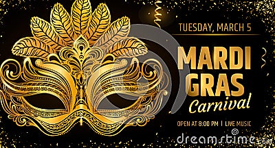 Gold venetian mask. Carnival Party invitation card template. Spring holidays. Vector illustration EPS10 Vector Illustration