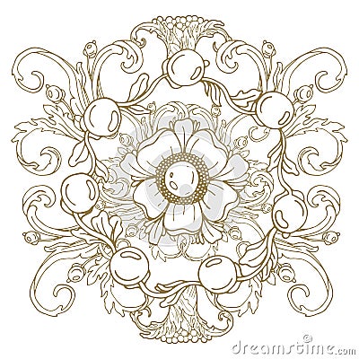 Gold vintage baroque ornament retro antique style acanthus. Decorative design element filigree . Cartoon Illustration