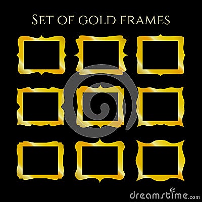 Gold vintage frames set. Blank borders of various shapes. Vector retro labels, elements for your design Vector Illustration