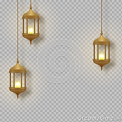 Gold vintage luminous lanterns. Arabic shining lamps. Isolated hanging realistic lamps. Effects transparent background. Vector Illustration