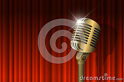 Gold vintage microphone illuminated and red curtain background. Retro music concept. Mic on empty theatre stage. Stand Vector Illustration