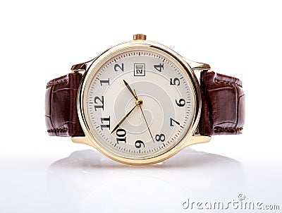 Gold watch leather strap Stock Photo