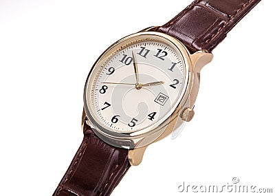 Gold watch leather strap Stock Photo