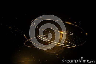 Illustration vector abstract chaos, gold wave line pattern, flow line and particle dot on dark color background. Stock Photo