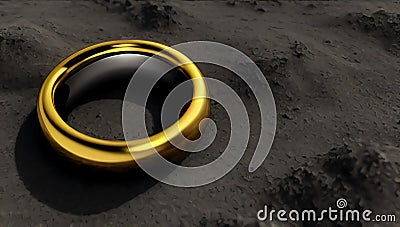 The gold wedding ring lies on the dry gray ground. The lost ring lies on the dirty ground. Generated AI. Stock Photo