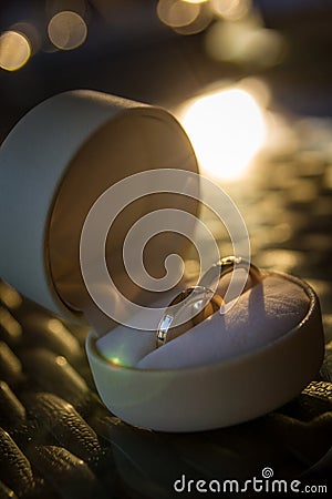 Gold wedding rings in a gift box Stock Photo