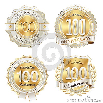 Gold and White Anniversary Badges 100th Years Celebration Vector Illustration