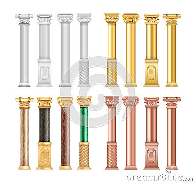 Gold white bronze columns. Realistic malachite stone and golden antique roman column. Isolated architecture vector Vector Illustration