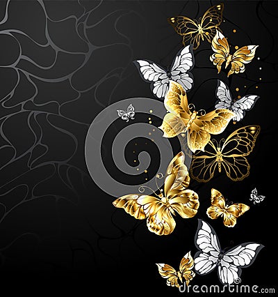 Gold and white butterflies on black background Vector Illustration