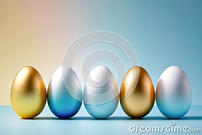 Gold and white Easter Eggs on a gradient background. Five elegant Easter Eggs with delicate coloring in a row. Stock Photo