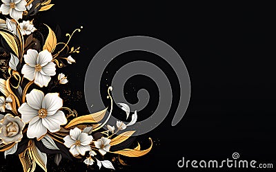 Gold and white flora pattern on black background Stock Photo