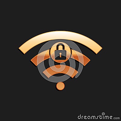 Gold Wifi locked sign icon isolated on black background. Password Wi-fi symbol. Wireless Network icon. Wifi zone. Long Vector Illustration