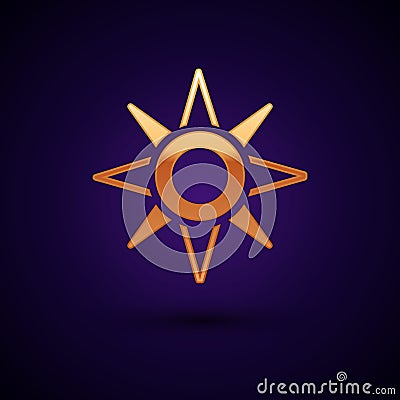 Gold Wind rose icon isolated on black background. Compass icon for travel. Navigation design. Vector Vector Illustration