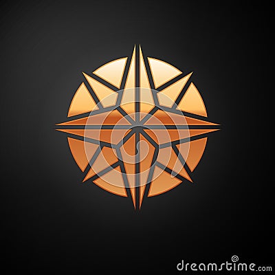 Gold Wind rose icon isolated on black background. Compass icon for travel. Navigation design. Vector Illustration Vector Illustration