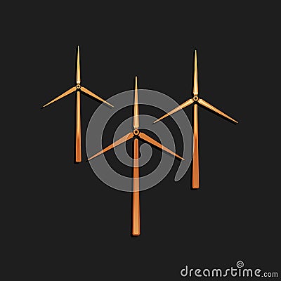 Gold Wind turbine icon isolated on black background. Wind generator sign. Windmill silhouette. Windmills for electric Vector Illustration