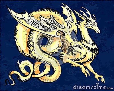 Gold winged dragon in asia style Vector Illustration