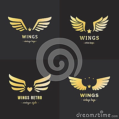 Gold wings logo vector set. Vintage hipster design. Part two. Vector Illustration