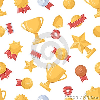 Gold winner cups and medals pattern. Seamless background with golden sports trophies, prizes and rewards. Endless Vector Illustration