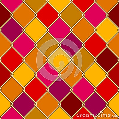 Gold wire grid seamless pattern on motley rhomboids background Vector Illustration