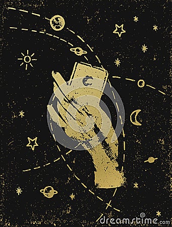 Gold witch`s hand with cosmos illustration on black textured bac Vector Illustration