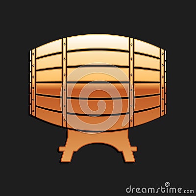 Gold Wooden barrel on rack icon isolated on black background. Long shadow style. Vector Vector Illustration