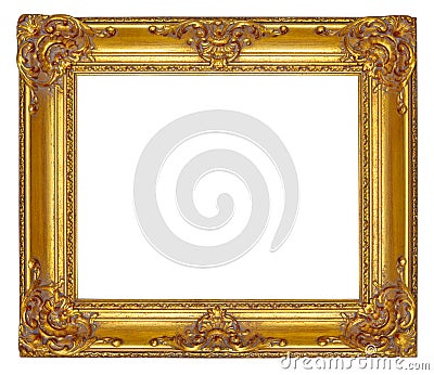 Gold wooden picture frame with carved floral ornament, isolated Stock Photo