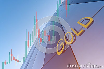 Gold word and marketplace charts over business center background. Trading, investment or financial concept. Technical price graph Stock Photo