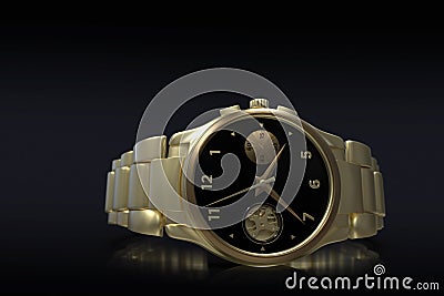 Gold wrist watch and bracelet, close-up on black Stock Photo