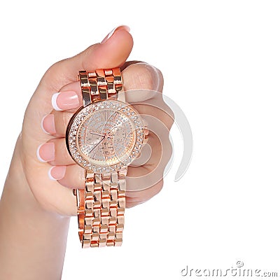 Gold Wrist Watches with Diamonds in Female Hand isolated Stock Photo