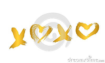 Gold XOXO hand written phrase with heart isolated on white. Hugs and kisses sign. Grunge brush lettering XO. Easy to edit element Stock Photo